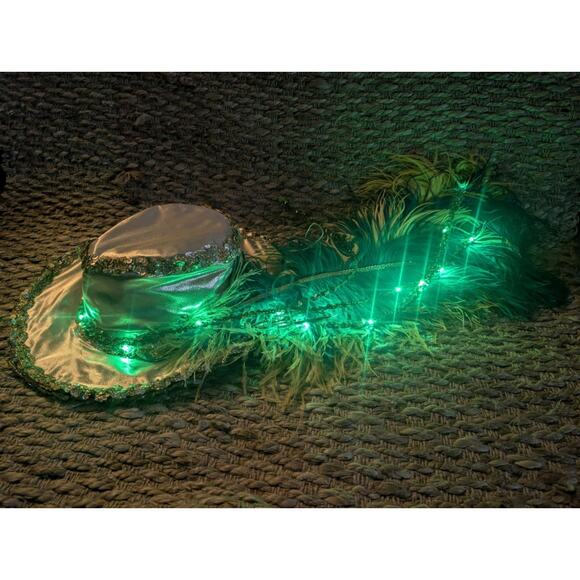 Adult Green Light Up Mardi Gras Gold Top Hat Feathers Halloween Costume Unisex - Picture 3 of 12